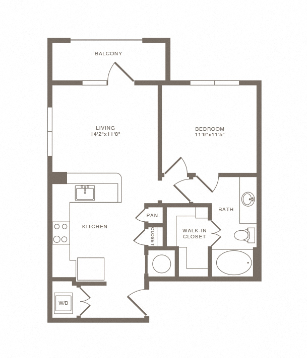 Floor plan for 1 bed, 1 bath, 747 sqft